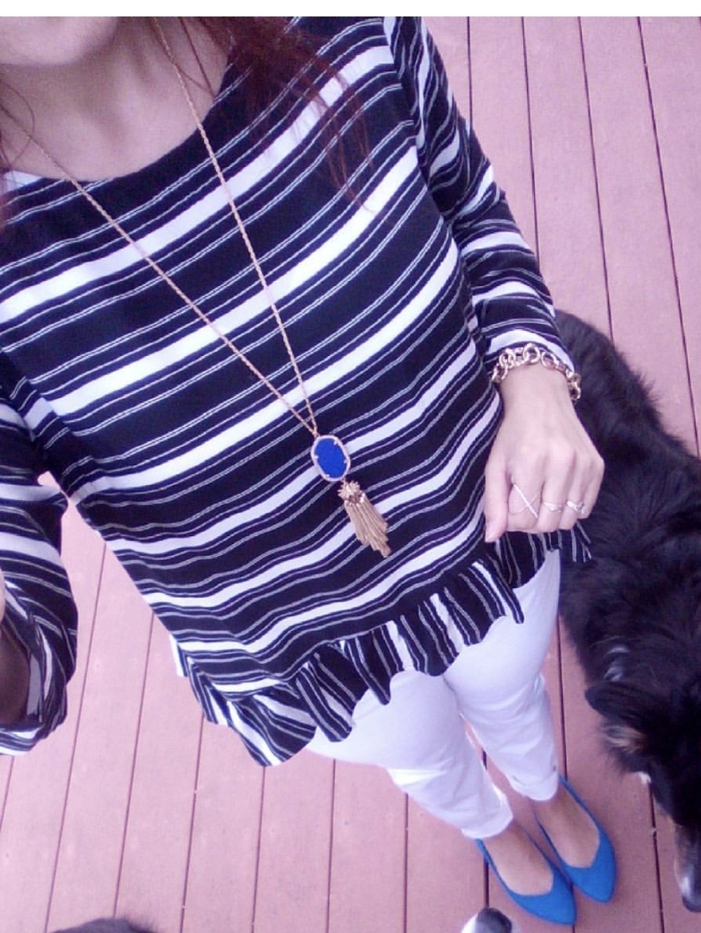 GAP Factory blouse top peplum ruffle hem long sleeve striped black white L